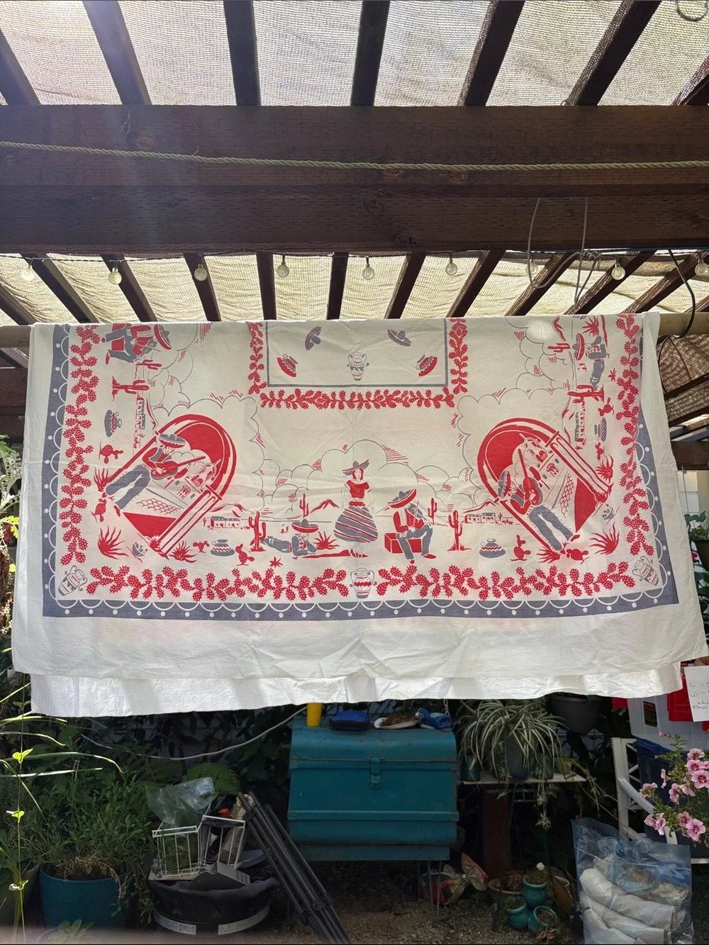 Vintage 1940’s Southwestern Print Tablecloth in Red and Gray. BB